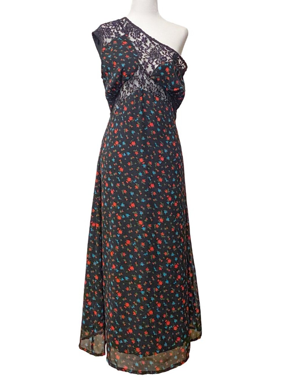 WALTER BAKER One-Shoulder Black Lace w Floral Print Dress 6 Cocktail Whimsigoth